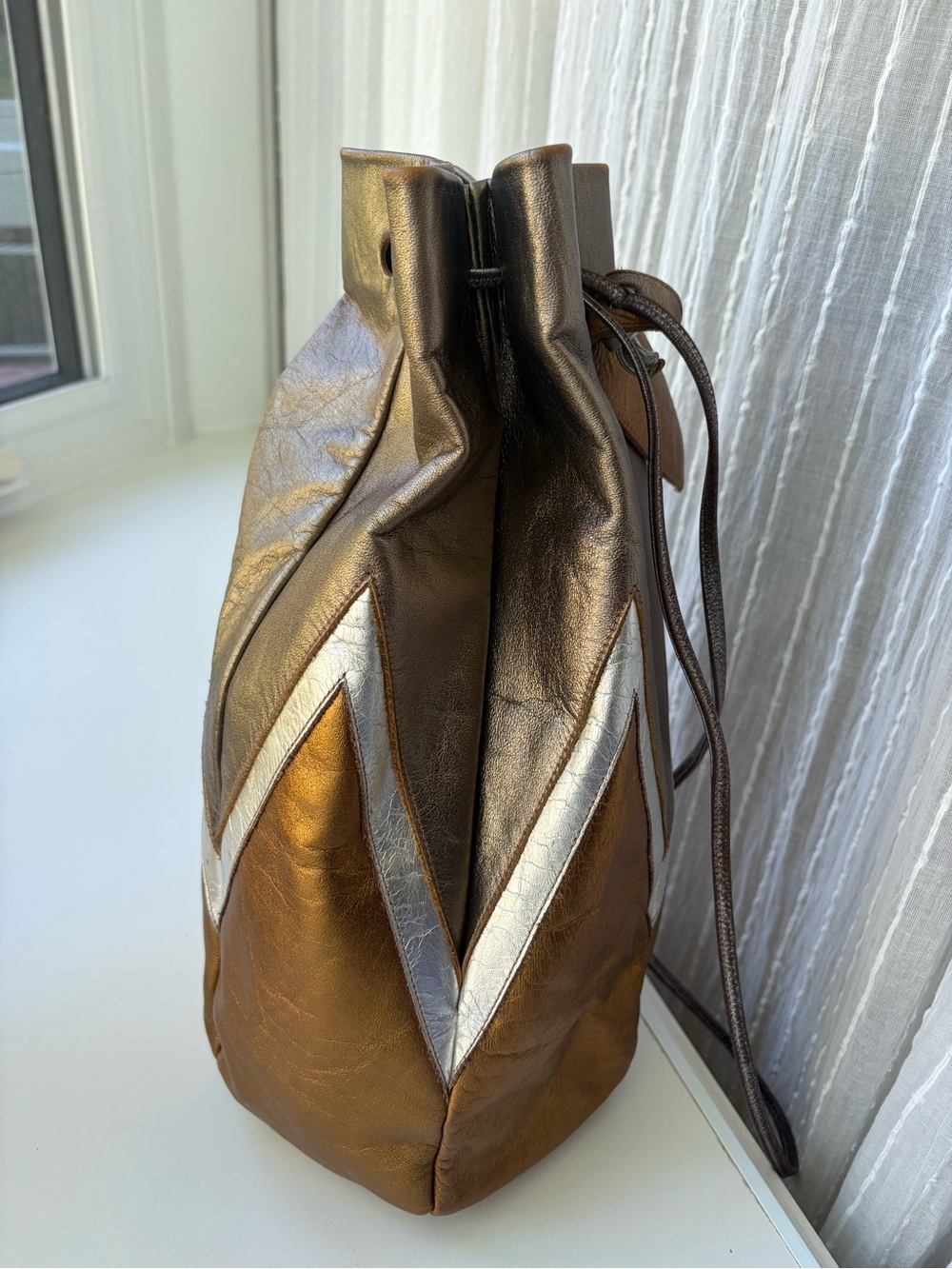 Vtg Holt Renfrew Metallic Leather Bucket Bag Italy Drawstring Patchwork 35" Y2K - Picture 8 of 13